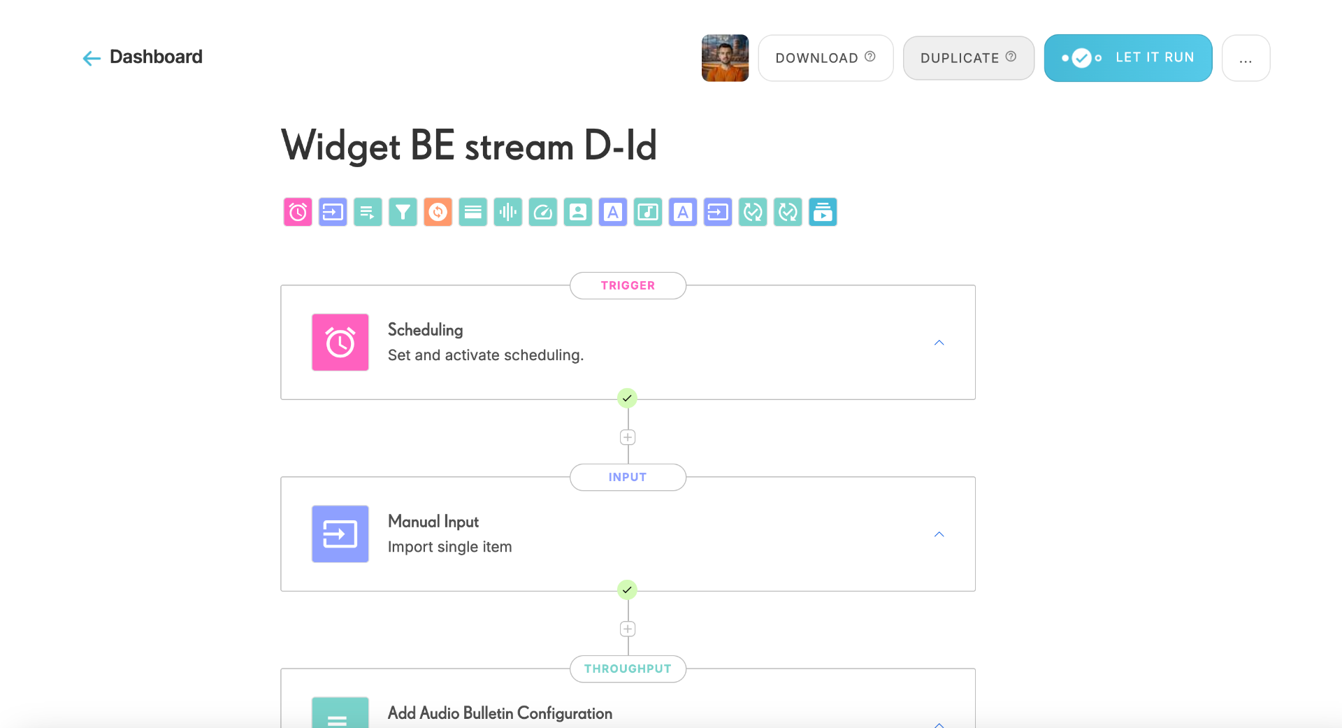 XS2C Platform interface showing a workflow pipeline with Scheduling, Manual Input, and Audio Bulletin Configuration blocks